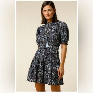 Lusana Ayla Balloon Sleeve Tie Neck Tiered Mini Dress‎ In Night Shade Size 8